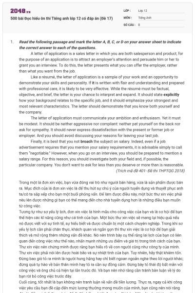 500 bài Đọc hiểu ôn thi Tiếng anh lớp 12 có đáp án (Đề 17)