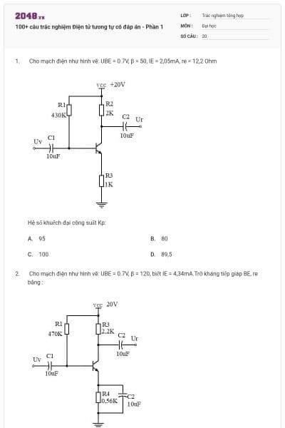 100+ câu trắc nghiệm Điện tử tương tự có đáp án - Phần 1