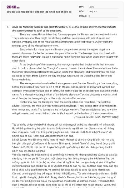 500 bài Đọc hiểu ôn thi Tiếng anh lớp 12 có đáp án (Đề 19)