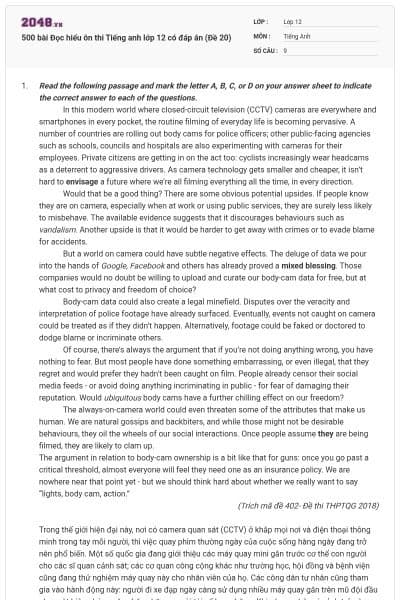 500 bài Đọc hiểu ôn thi Tiếng anh lớp 12 có đáp án (Đề 20)