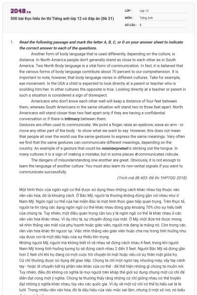 500 bài Đọc hiểu ôn thi Tiếng anh lớp 12 có đáp án (Đề 21)