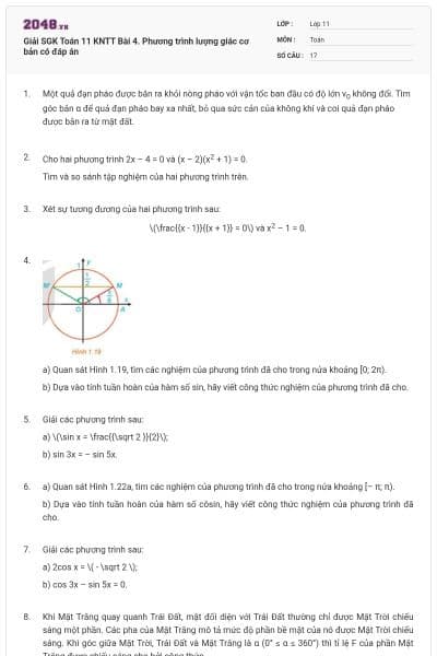 Giải SGK Toán 11 KNTT Bài 4. Phương trình lượng giác cơ bản có đáp án