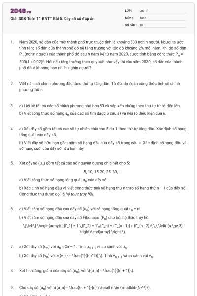 Giải SGK Toán 11 KNTT Bài 5. Dãy số có đáp án