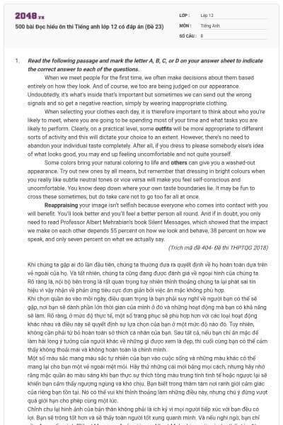 500 bài Đọc hiểu ôn thi Tiếng anh lớp 12 có đáp án (Đề 23)