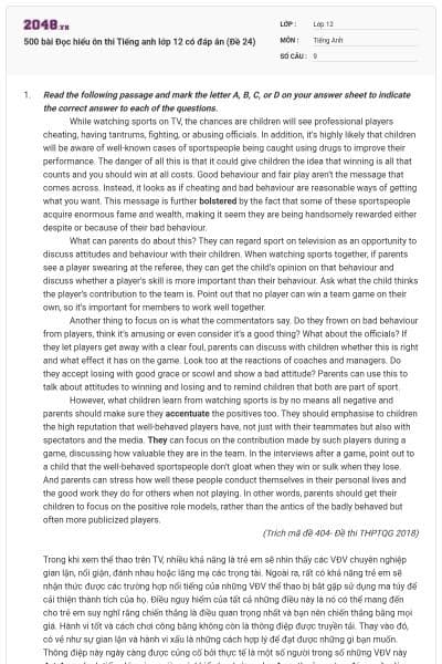 500 bài Đọc hiểu ôn thi Tiếng anh lớp 12 có đáp án (Đề 24)