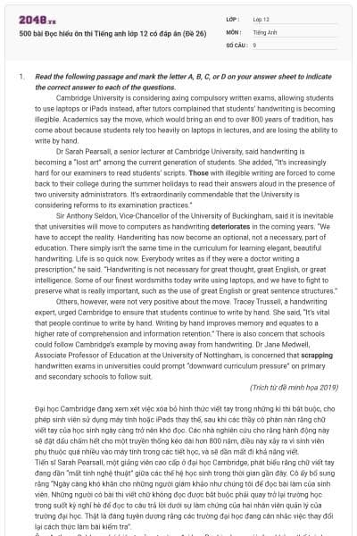 500 bài Đọc hiểu ôn thi Tiếng anh lớp 12 có đáp án (Đề 26)