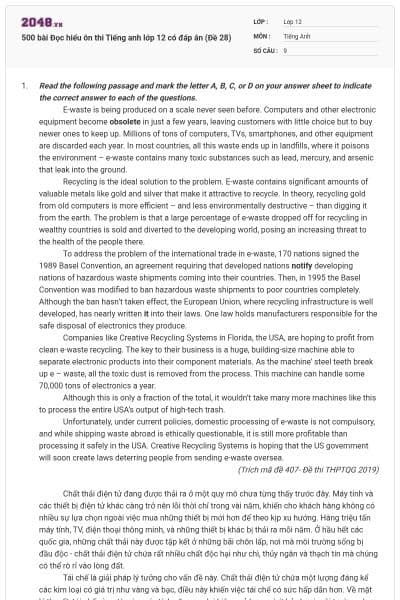 500 bài Đọc hiểu ôn thi Tiếng anh lớp 12 có đáp án (Đề 28)