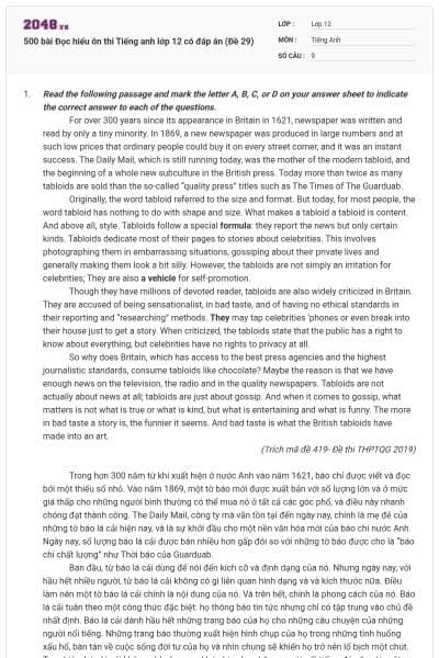 500 bài Đọc hiểu ôn thi Tiếng anh lớp 12 có đáp án (Đề 29)