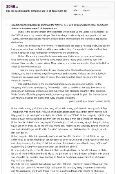 500 bài Đọc hiểu ôn thi Tiếng anh lớp 12 có đáp án (Đề 30)