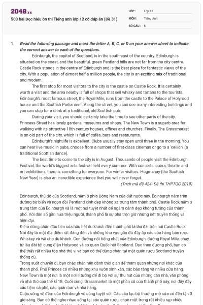 500 bài Đọc hiểu ôn thi Tiếng anh lớp 12 có đáp án (Đề 31)