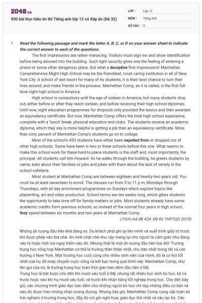 500 bài Đọc hiểu ôn thi Tiếng anh lớp 12 có đáp án (Đề 32)