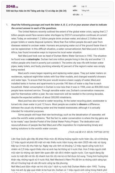 500 bài Đọc hiểu ôn thi Tiếng anh lớp 12 có đáp án (Đề 34)