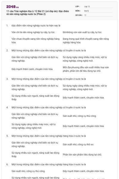 11 câu Trắc nghiệm Địa Lí 12 Bài 21 (có đáp án): Đặc điểm về nền nông nghiệp nước ta (Phần 2)