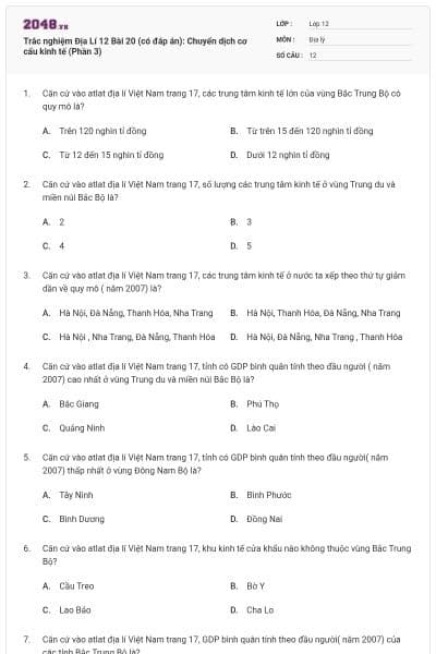 Trắc nghiệm Địa Lí 12 Bài 20 (có đáp án): Chuyển dịch cơ cấu kinh tế (Phần 3)