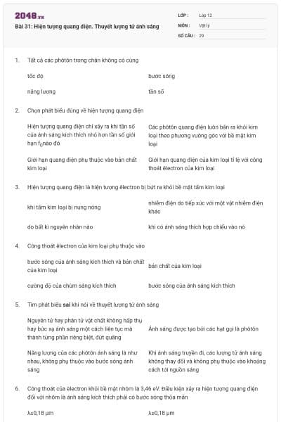 Bài 31: Hiện tượng quang điện. Thuyết lượng tử ánh sáng