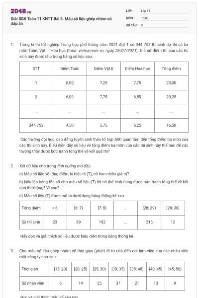 Giải SGK Toán 11 KNTT Bài 8. Mẫu số liệu ghép nhóm có đáp án