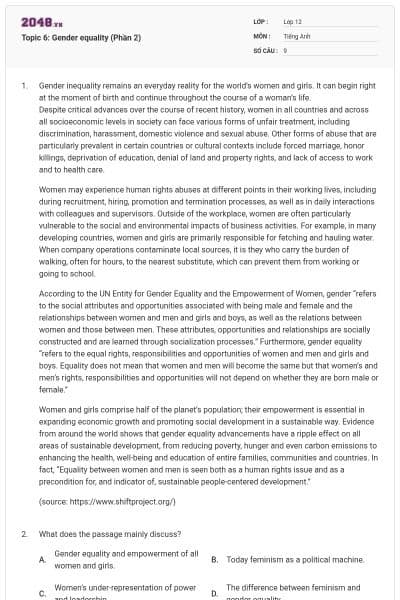Topic 6: Gender equality (Phần 2)