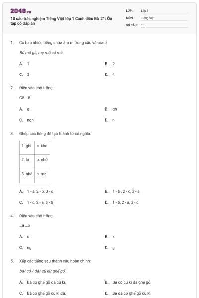 10 câu trắc nghiệm Tiếng Việt lớp 1 Cánh diều Bài 21: Ôn tập có đáp án
