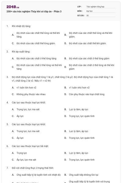 200+ câu trắc nghiệm Thủy khí có đáp án - Phần 3