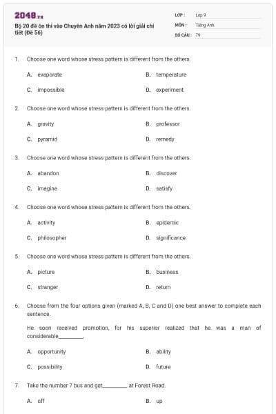 Bộ 20 đề ôn thi vào Chuyên Anh năm 2023 có lời giải chi tiết (Đề 56)