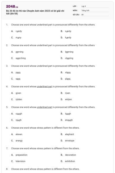 Bộ 20 đề ôn thi vào Chuyên Anh năm 2023 có lời giải chi tiết (Đề 58)