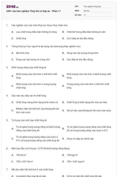 200+ câu trắc nghiệm Thủy khí có đáp án - Phần 11