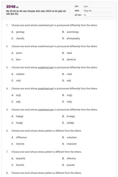Bộ 20 đề ôn thi vào Chuyên Anh năm 2023 có lời giải chi tiết (Đề 59)