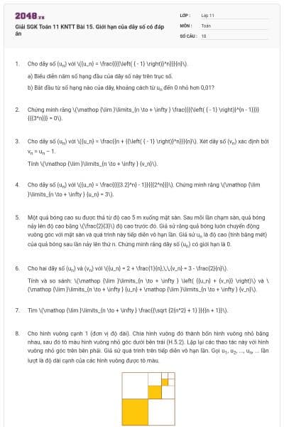 Giải SGK Toán 11 KNTT Bài 15. Giới hạn của dãy số có đáp án