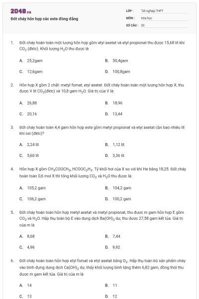 Đốt cháy hỗn hợp các este đồng đẳng