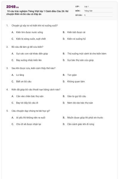  10 câu trắc nghiệm Tiếng Việt lớp 1 Cánh diều Câu 26: Kể chuyện Kiến và bồ câu có đáp án