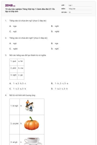 10 câu trắc nghiệm Tiếng Việt lớp 1 Cánh diều Bài 27: Ôn tập có đáp ánn