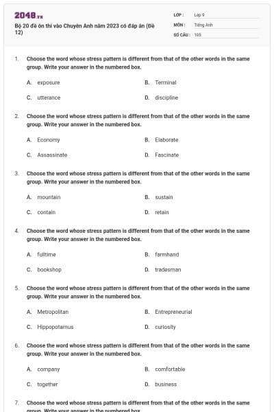 Bộ 20 đề ôn thi vào Chuyên Anh năm 2023 có đáp án (Đề 12)