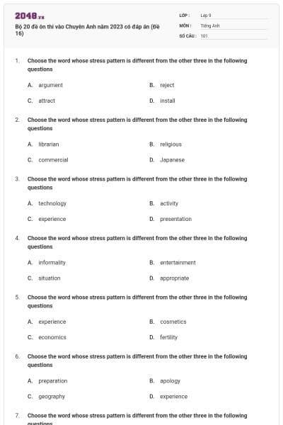 Bộ 20 đề ôn thi vào Chuyên Anh năm 2023 có đáp án (Đề 16)