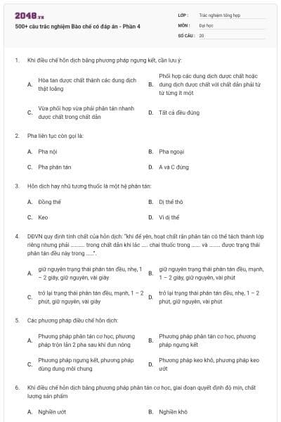 500+ câu trắc nghiệm Bào chế có đáp án - Phần 4