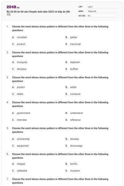 Bộ 20 đề ôn thi vào Chuyên Anh năm 2023 có đáp án (Đề 17)