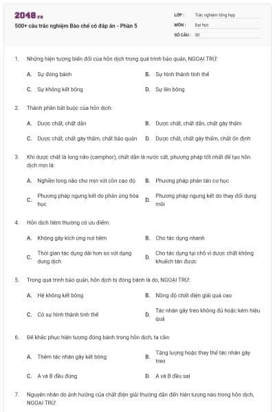 500+ câu trắc nghiệm Bào chế có đáp án - Phần 5