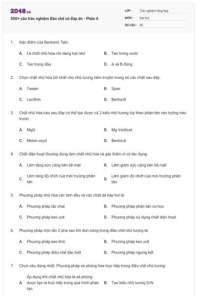 500+ câu trắc nghiệm Bào chế có đáp án - Phần 6