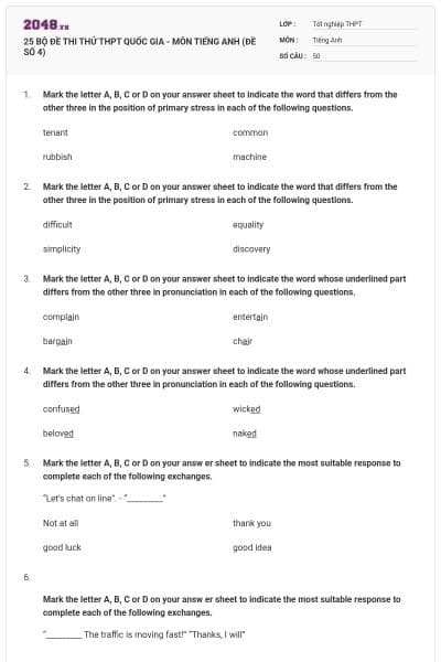 25 BỘ ĐỀ THI THỬ THPT QUỐC GIA - MÔN TIẾNG ANH (ĐỀ SỐ 4)