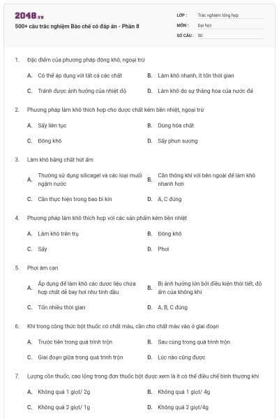 500+ câu trắc nghiệm Bào chế có đáp án - Phần 8