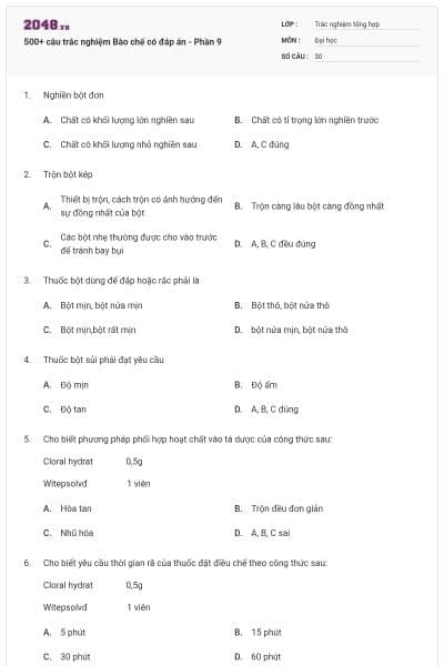500+ câu trắc nghiệm Bào chế có đáp án - Phần 9