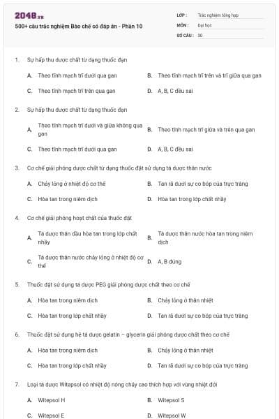 500+ câu trắc nghiệm Bào chế có đáp án - Phần 10