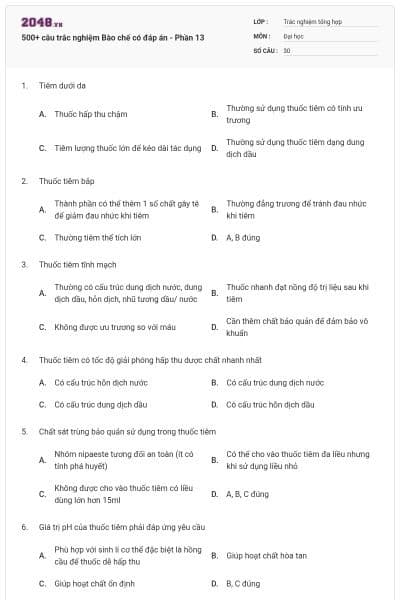 500+ câu trắc nghiệm Bào chế có đáp án - Phần 13