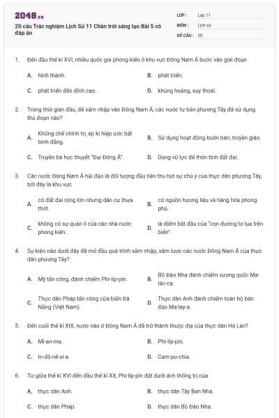 20 câu Trắc nghiệm Lịch Sử 11 Chân trời sáng tạo Bài 5 có đáp án