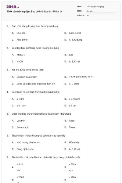 500+ câu trắc nghiệm Bào chế có đáp án - Phần 14