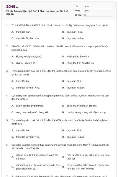 20 câu Trắc nghiệm Lịch Sử 11 Chân trời sáng tạo Bài 6 có đáp án