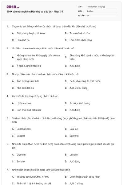 500+ câu trắc nghiệm Bào chế có đáp án - Phần 15