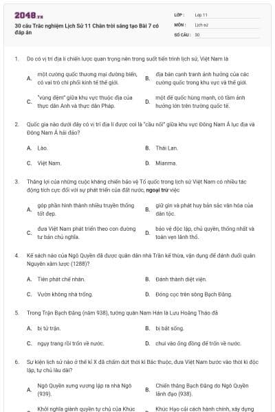 30 câu Trắc nghiệm Lịch Sử 11 Chân trời sáng tạo Bài 7 có đáp án