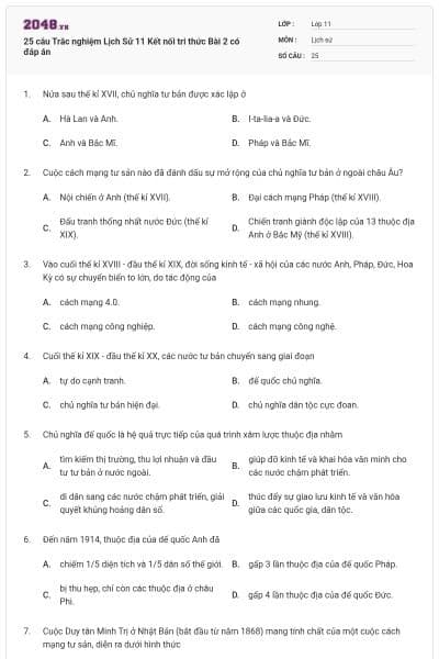 25 câu Trắc nghiệm Lịch Sử 11 Kết nối tri thức Bài 2 có đáp án