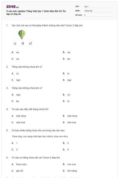 9 câu trắc nghiệm Tiếng Việt lớp 1 Cánh diều Bài 33: Ôn tập có đáp án
