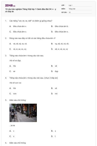 10 câu trắc nghiệm Tiếng Việt lớp 1 Cánh diều Bài 34: v - y có đáp án